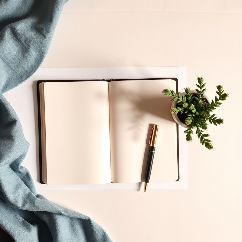 Birou minimalist văzut de sus, cu caiet deschis, stilou și plantă în ghiveci pe hârtie albă