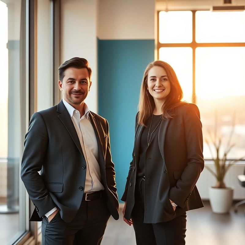 Doi profesioniști în ținută business discretă lângă ferestre înalte, într-un birou minimalist din România