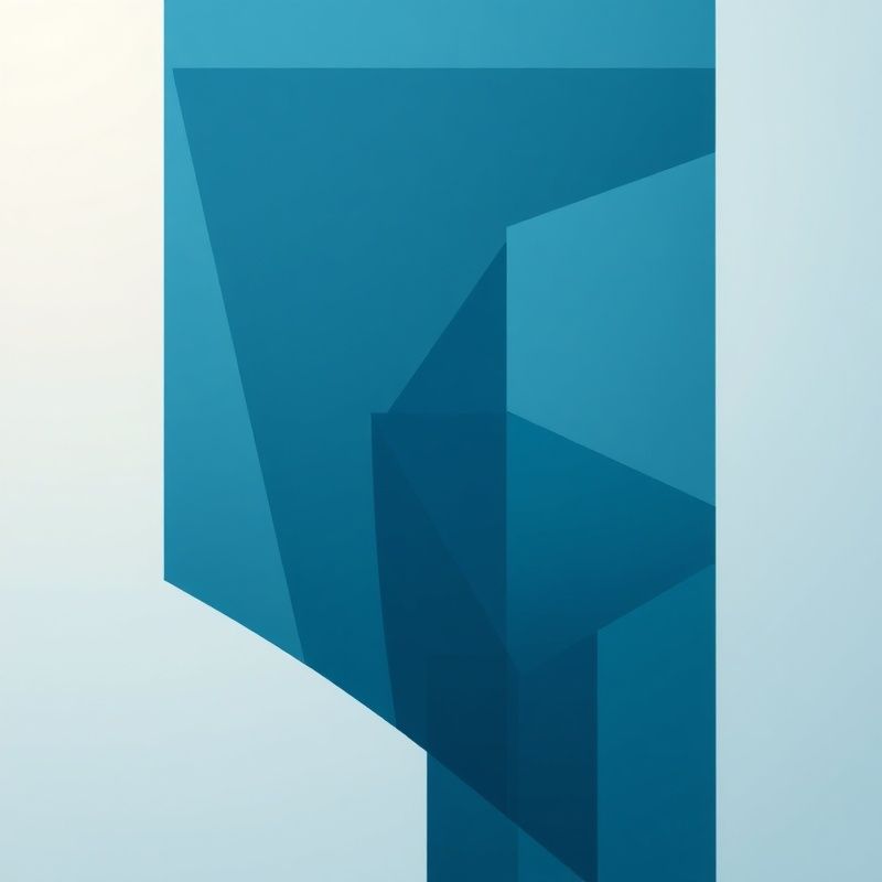 Compoziție geometrică abstractă în tonuri de azur și albastru ardezie sugerând straturi de structură